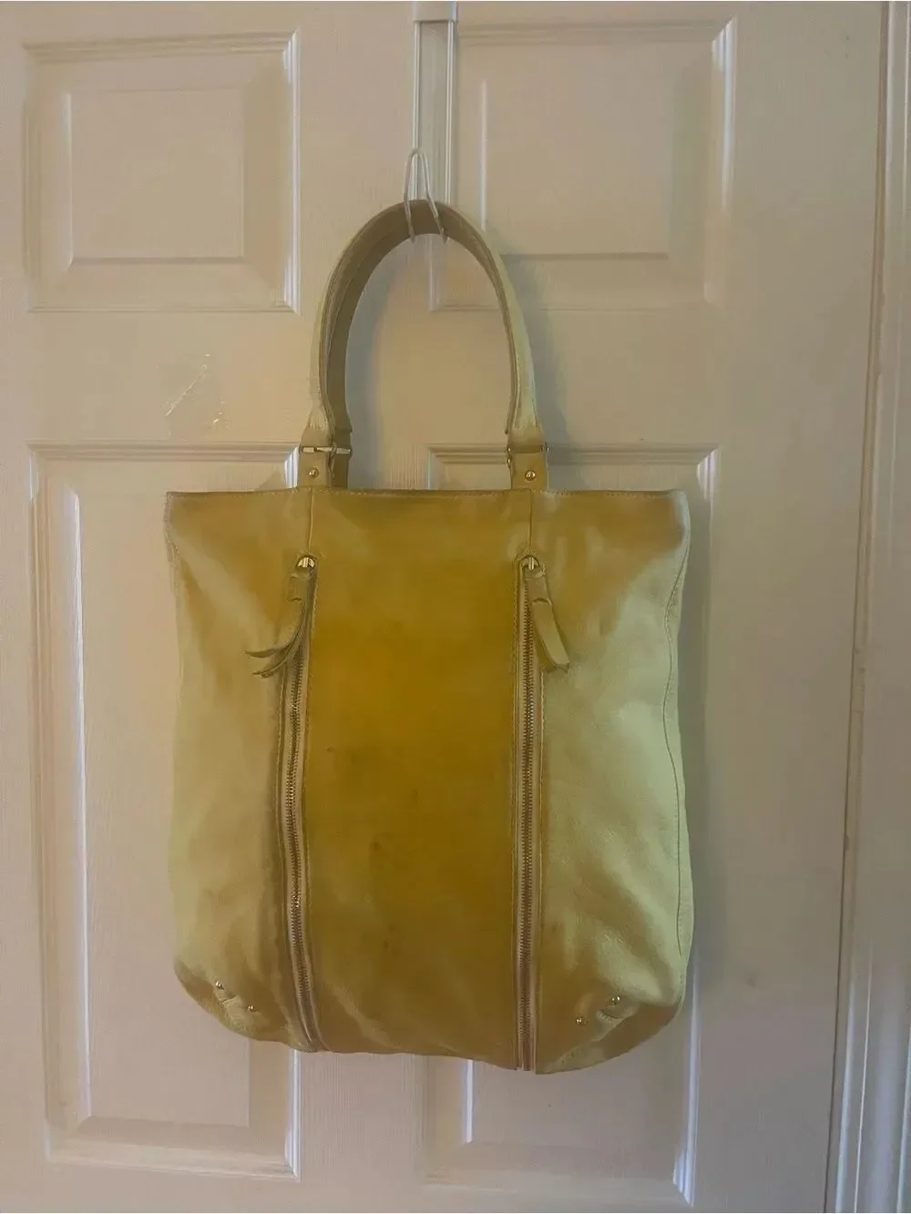 Yellow Leather Tote Bag with Front Zippers